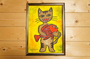 【猫と魚】手描き 肉筆 クレヨン画 絵画 A4サイズ 663,Crayon painting, oil pastel painting, original art,ネコ,ねこ
