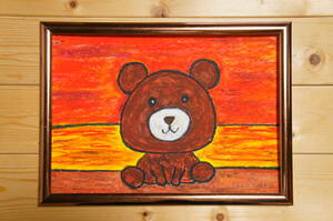 【紅の熊】手描き 肉筆 クレヨン画 絵画 A4サイズ 669,Crayon painting, oil pastel painting, original art,熊,くま,クマ