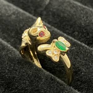 新品仕上済み アニマル 猫 モチーフ 赤石 0.05ct 緑石 0.08ct ダイヤ 0.08ct デザイン リング K18 12.5号 4.0g 金 イエロー ゴールド 指輪