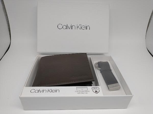 未使用品 Calvin Klein カルバンクライン 二つ折り財布 (小銭入れあり)＆キーホルダー セット ダークブラウン 箱付き★