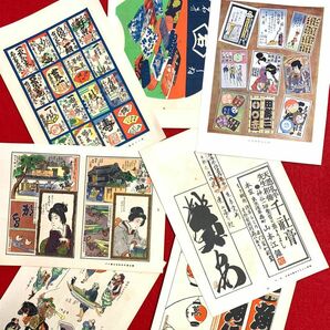 古い印刷物　浮世絵　江戸漫画　挿絵　チラシ　　計7枚　両面刷り　古今未確認