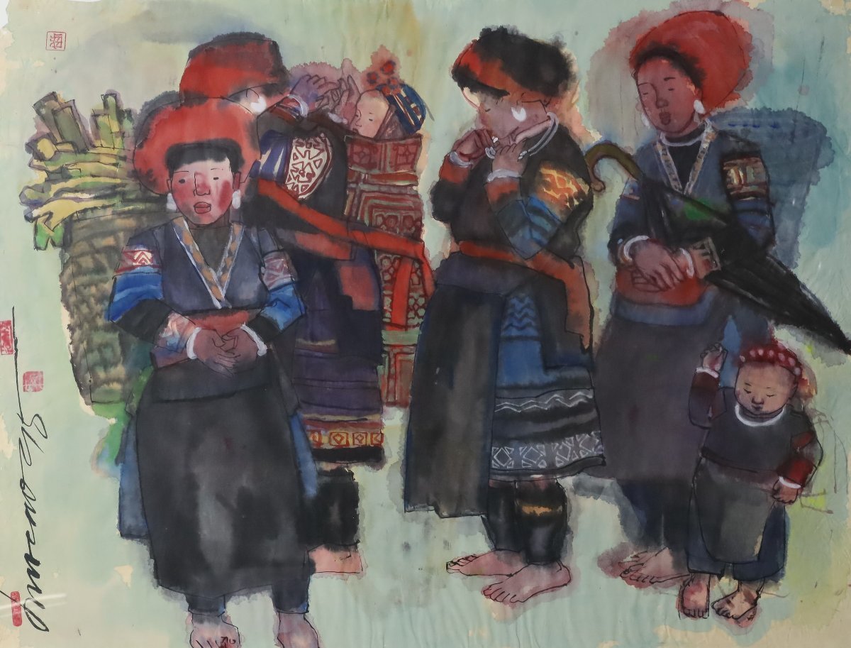 Pintura de acuarela, pintura étnica, artículo grande enmarcado 3, firmado por el artista / China, Corea, Espiga, Tíbet, Mongolia, tribu, cuadro, acuarela, retrato