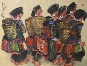 Art hand Auction 水彩画 民族画 大型額装品 2 作者サイン有り / 中国 朝鮮 唐物 チベット モンゴル 部族, 絵画, 水彩, 人物画