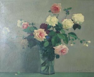 時代 油彩画「薔薇の静物」大型額装品 静物画 15号相当 アンティーク