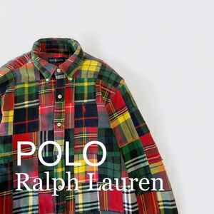 美品 RALPH LAUREN POLO Ralph Lauren パッチワーク ボタンダウン ヘビーネル ラルフローレン チェックシャツ 長袖 160 正規品 ポロ