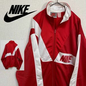 NIKE/ナイキ　トラックトップ　ジャージ　ビンテージ　メッシュ　赤　白　デカロゴ　ジップアップ　レトロ　メンズM 古着