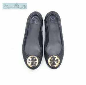 TORY BURCH キルテッドミニーバレリーナシューズ フラットシューズ 7 1/2 ブラック ゴールド ナッパレザー 50736