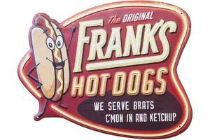 ホットドッグ FRANK'S HOT DOGS エンボス加工 レトロ調 メタルプレート アメリカン雑貨 アメリカ雑貨 サインプレート