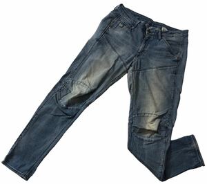 ■ G-STAR RAW ジースター ロウ ■ 立体裁断 ロゴ ラベル ユーズド色落ち加工 レーヨン混 ストレッチ素材 インディゴ デニム W26/L32