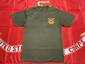 中古　USMC 12TH MARINES HEADQUATERS BATTERY FAR EAST ARTILLERY REGIMENT OKINAWA JAPAN DRI Tシャツ AUGUSTA製　Mサイズ　OD