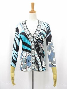 HH 美品【エミリオプッチ EMILIO PUCCI】 プリント柄レーヨンカットソーシャツ 56RN41(レディース) size38 ブルー系×ブラック●5LT4942●