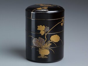 【五】香道具 木製漆塗鉄線蒔絵梨地重香合 仕覆付 箱付