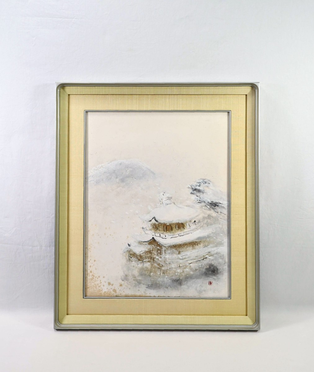 真迹 松尾冬青 日本画 金阁寺画雪景 47 x 60 厘米 No.12 出生于京都府 日本艺术学院特价 飘落的雪中, 冬天的鹿园寺和白雪覆盖的衣笠山 8081, 绘画, 日本画, 景观, 风月