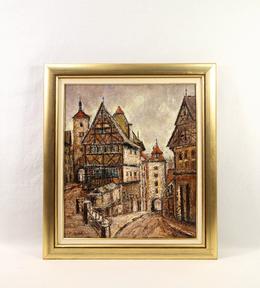 Genuine work by Kenzo Okada oil painting Walled Town Germany, Rothenburg Size F10 Born in Gifu Prefecture Heavy color tone, Draw an elegant cityscape with powerful brush strokes 8013, painting, oil painting, Nature, Landscape painting