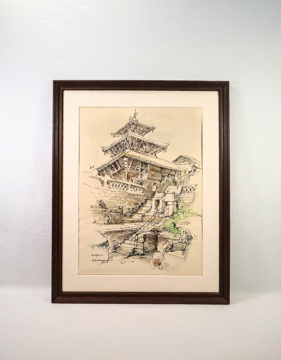 Authentische Arbeit von Daijiro Sakae, ca. 1977, Aquarell und Stift, In Kathmandu, 53 x 75 cm, von Kobe, studierte bei Kunitaro Suda und Rinsaku Akamatsu, Tempel in Nepal, die Stadt, in der Götter leben, 8053, Malerei, Aquarell, Natur, Landschaftsmalerei