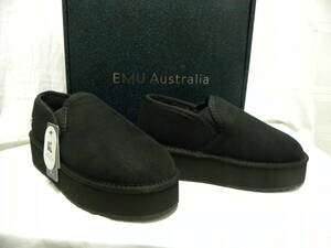 EMU Australia エミュー☆ショート厚底ムートンスリッポン Stinger Reef Flatform 8 25cm 黒 ブラック シープスキン W13085☆新品・本物