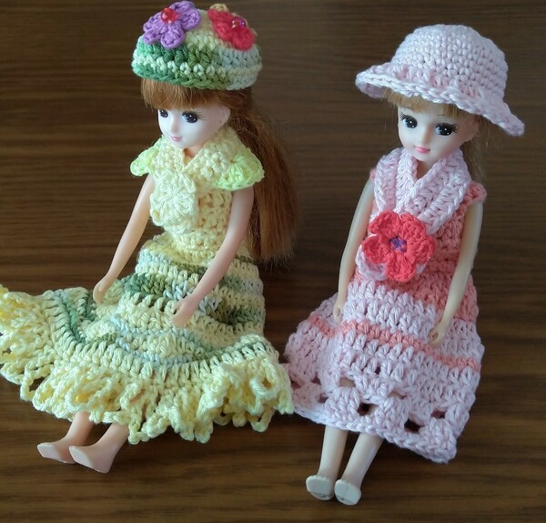 ①リカちゃん ドール服 人形 帽子 洋服 ドレス ワンピース ストール マフラー ハンドメイド かぎ針編み 手編み