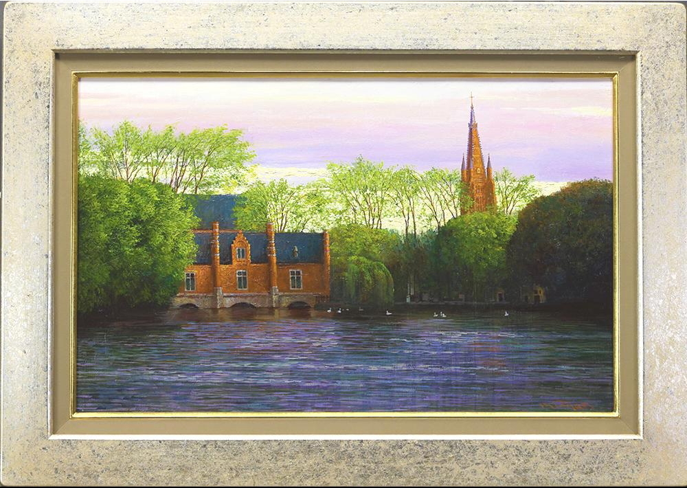 Authenticity Guaranteed Ebisu Meiki Lake of Love Park (Bruges) Oil Painting No. 10 Luxurious Frame Co-sealed ◆Beautiful Waterside Scene China Painter Member of Shanghai Young Artists Association, painting, oil painting, Nature, Landscape painting