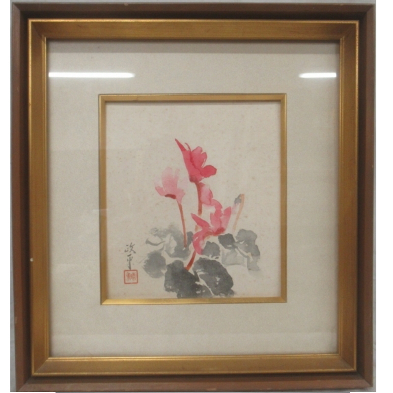 Auténtico garantizado. Masahira Satsukime Cyclamen acuarela sobre papel de colores. Enmarcado. Galardonado con la medalla Cinta Azul Marino. Maestro: Jin Ogabe. Miembro del comité del Hakujitsukai. Premio al Mérito Cultural de la Ciudad., Cuadro, acuarela, Naturaleza muerta