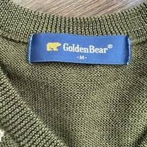 ★U■Golden Bear ゴールデンベア メンズ Vネック アーガイル柄 セーター Mサイズ 刺繍 緑系 カーキ ニット 毛100% トップス _画像3