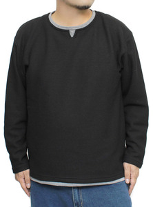 【新品】 5L ブラック ニットソー メンズ 大きいサイズ キーネック フェイクレイヤード 裏起毛 長袖Tシャツ ニット カットソー