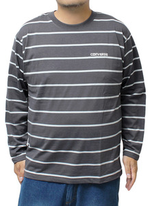 【新品】 2L ブラック コンバース(CONVERSE) 長袖 Tシャツ メンズ 大きいサイズ ボーダー柄 ロゴ プリント クルーネック カットソー