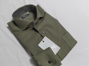 L寸・新品／日本製・無地ジャガード・ホリゾンタルカラーシャツ●オリーブ