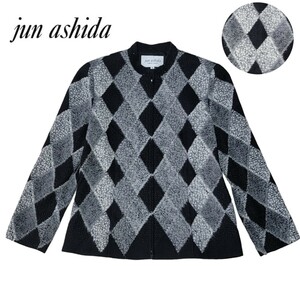 【カシミヤ・シルク素材】◆極美品◆ 芦田淳 ジュンアシダ JUN ASHIDA アーガイル柄 ジップブルゾン 9号 ジャケット 日本製