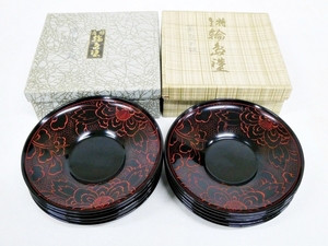 16 37-578572-11 ◆ [Y] (3) 輪島塗 茶托 茶たく 黒地 朱牡丹彫 5客×2箱 工芸品 セット 福37