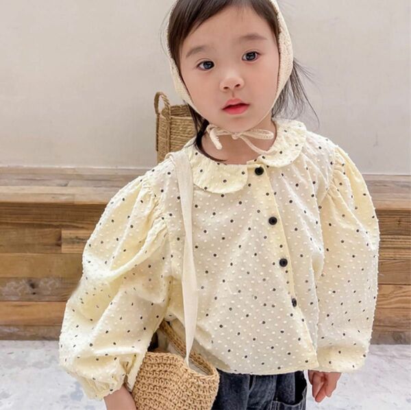 ブラウス　100 レトロ　ドット　パフスリーブ　シャツ　韓国　韓国子供服