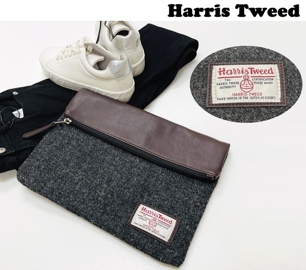 未使用品 Harris Tweed ブラウン クラッチバッグ ジップ カジュアル ストリート メンズ レディース タグ刺繍 上品 杢グレー ハリスツイード