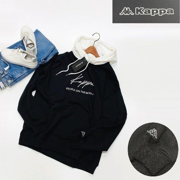 未使用品 /M/ Kappa ブラック×ホワイト プルオーバーパーカー フードロゴ カジュアル タグ メンズ レディース アウトドア トップス カッパ