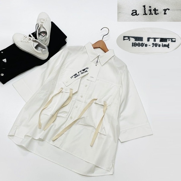 未使用品 /M/ a lit r オフホワイト レギュラーカラービッグポケットシャツ メンズ レディース ワイドシルエット コード ロゴ刺繍 アリトル
