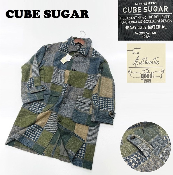 /M/ CUBE SUGAR チェックグリーン系 パッチワーク ステンカラーコート レディース アウター ボタンロングコート キューブシュガー