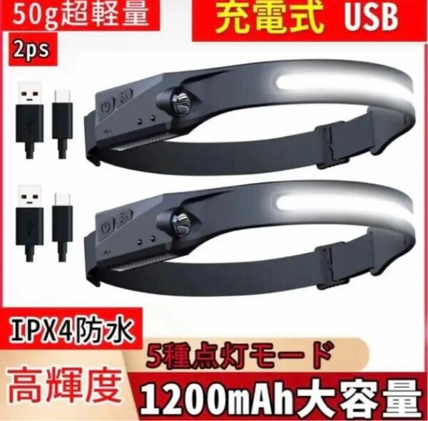 ヘッドライト USB 高輝度 5種点灯 IPX4防水 登山 停電対策 2ps