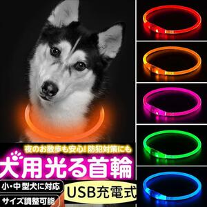 【オレンジ】Lightight LED光る首輪 USB充電式 サイズ調節可能 視認距離500メートル 長さは70cm 散歩 夜 猫 小型犬 中型犬 大型犬