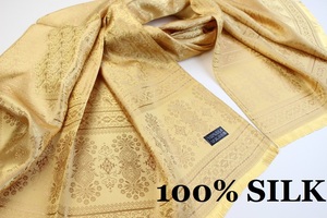 新品【SILK シルク100%】ペイズリー 幾何学柄 大判 ストール/スカーフ GOLD 黄金 ゴールド系