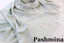 新品【Pashmina パシュミナ】ペイズリー柄 大判 中薄手 ストール 春色 ホワイト系 イエロー ライトブルー Cashmere カシミア100%_画像1