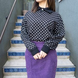 USA VINTAGE CAT PATTERNED DESIGN SWEAT POLO SHIRT/アメリカ古着にゃんこ柄スウェットポロシャツ