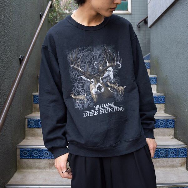 USA VINTAGE DEER HUNTING PRINT DESIGN SWEAT SHIRT/アメリカ古着シカ狩りプリントデザインスウェット