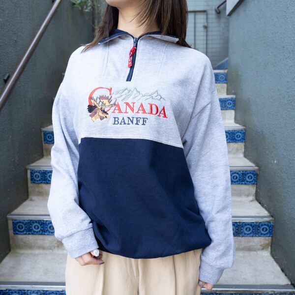 USA VINTAGE BANFF RAINDEER EMBROIDERY HALF ZIP DESIGN SWEAT SHIRT/アメリカ古着トナカイ刺繍ハーフジップデザインスウェット