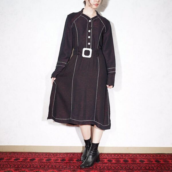 EU VINTAGE BELTED DESIGN ONE PIECE/ヨーロッパ古着ベルテッドデザインワンピース