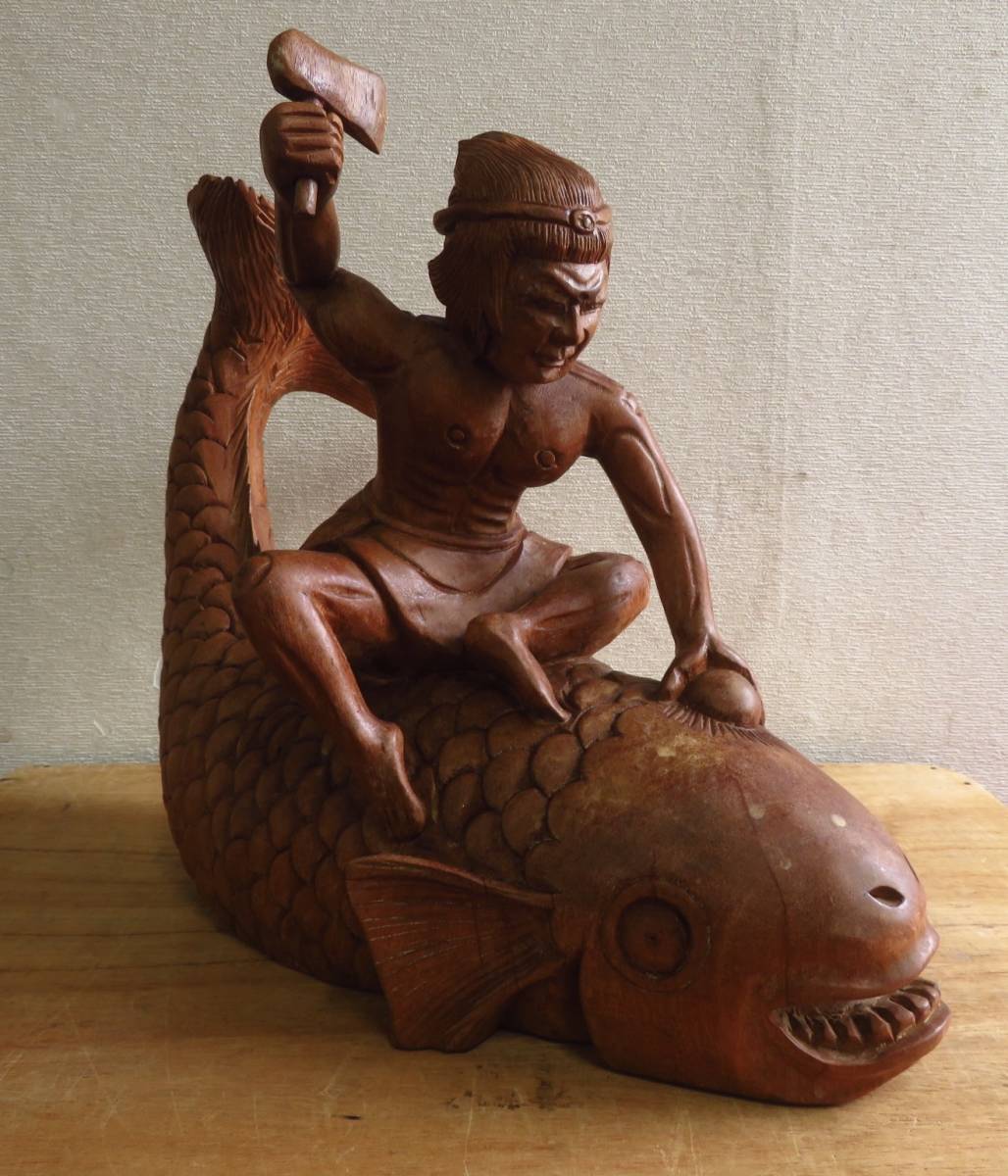 Old house clearance item, period, wood carving, carp, Nori, May doll, detailed carving, ornament, lucky charm, antique, antique art, total length 43cm, Sculpture, object, Oriental sculpture, others