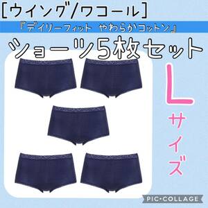 【5枚セット】Lサイズ ワコール ウイング やさしいはきごこち デイリーフィット やわらかコットン 紺色 はきこみ丈ふかめ