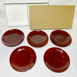 ☆美品☆万葉集花銘々皿 5個セット 漆器 茶器 菓子皿 菓子器 小皿 5客 和菓子皿 来客 お正月(10305C