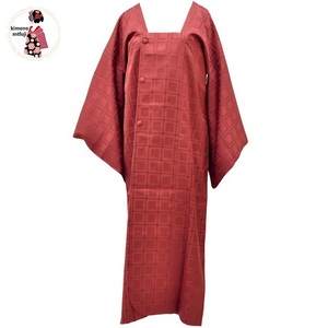 1円 雨コート 正絹 臙脂 格子文様 身丈125cm 同梱可 【kimonomtfuji】 1nfuji41787