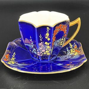  ultra rare goods!! Britain antique Shelly Sherry arch way & rose lapis lazuli gold paint cobalt Queen Anne cabinet cup & saucer 