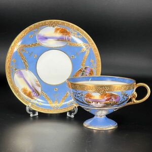 OLD NORITAKE オールドノリタケ 里帰り 金彩 湖畔風景文 ターコイズブルー ペディスタル キャビネット カップ＆ソーサー 