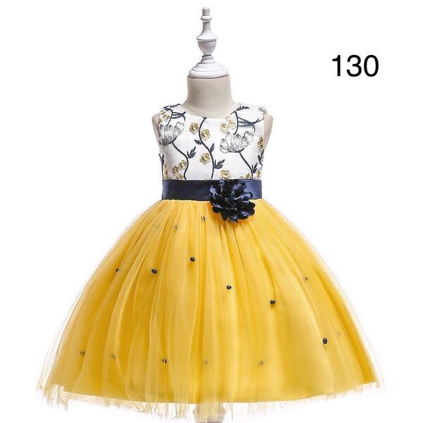 新品130㎝イエロー子供ドレスワンピース発表会フラワーガール海外子供服プリンセスコサージュ 黄色ドレス
