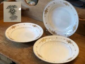 【81】Noritake IvoryChinaスープ皿3枚 SUFFOLK 小花柄 アイボリーチャイナ金彩昭和レトロ(検)則武日本陶器会社食器オールドノリタケjo20